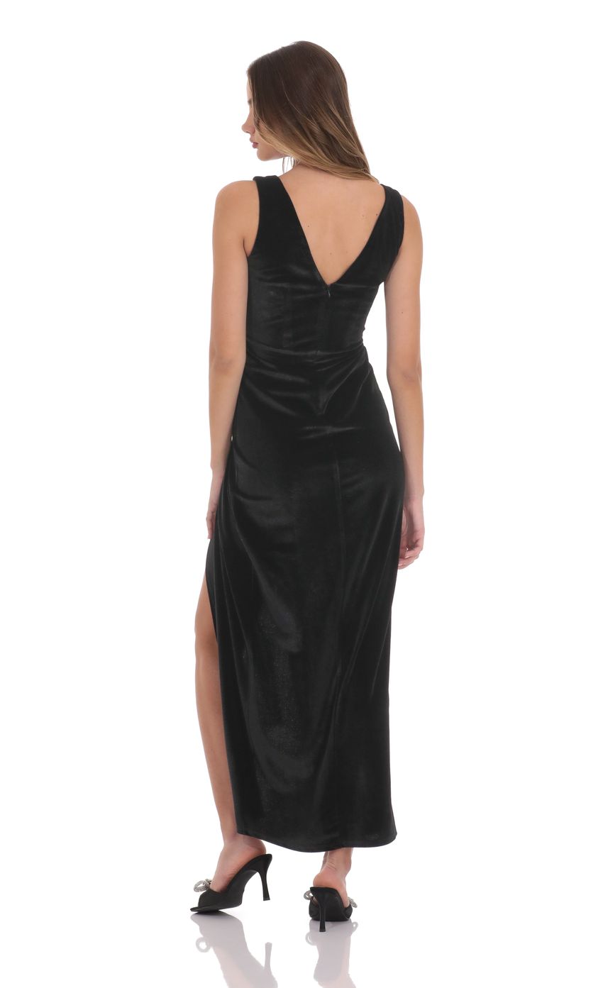 Velvet V Neck Slit Maxi Dress in Black