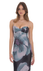 Floral Back Tie Maxi Dress in Dark Teal