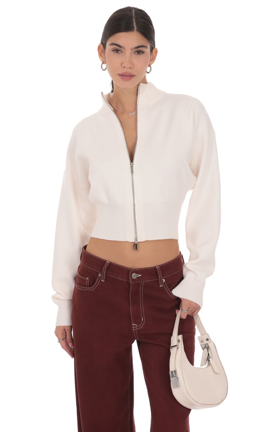 Knit Mock Neck Zip Up Cardigan in Ivory