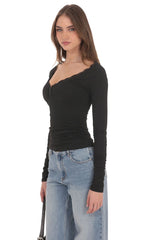 Lace Trim Long Sleeve Top in Black