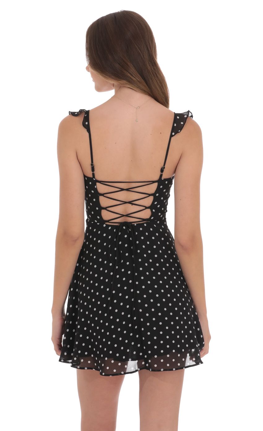 Polka Dot Ruffle Strap A Line Dress in Black