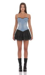 Two Toned Denim Ruffle Dress in Blue and Black
