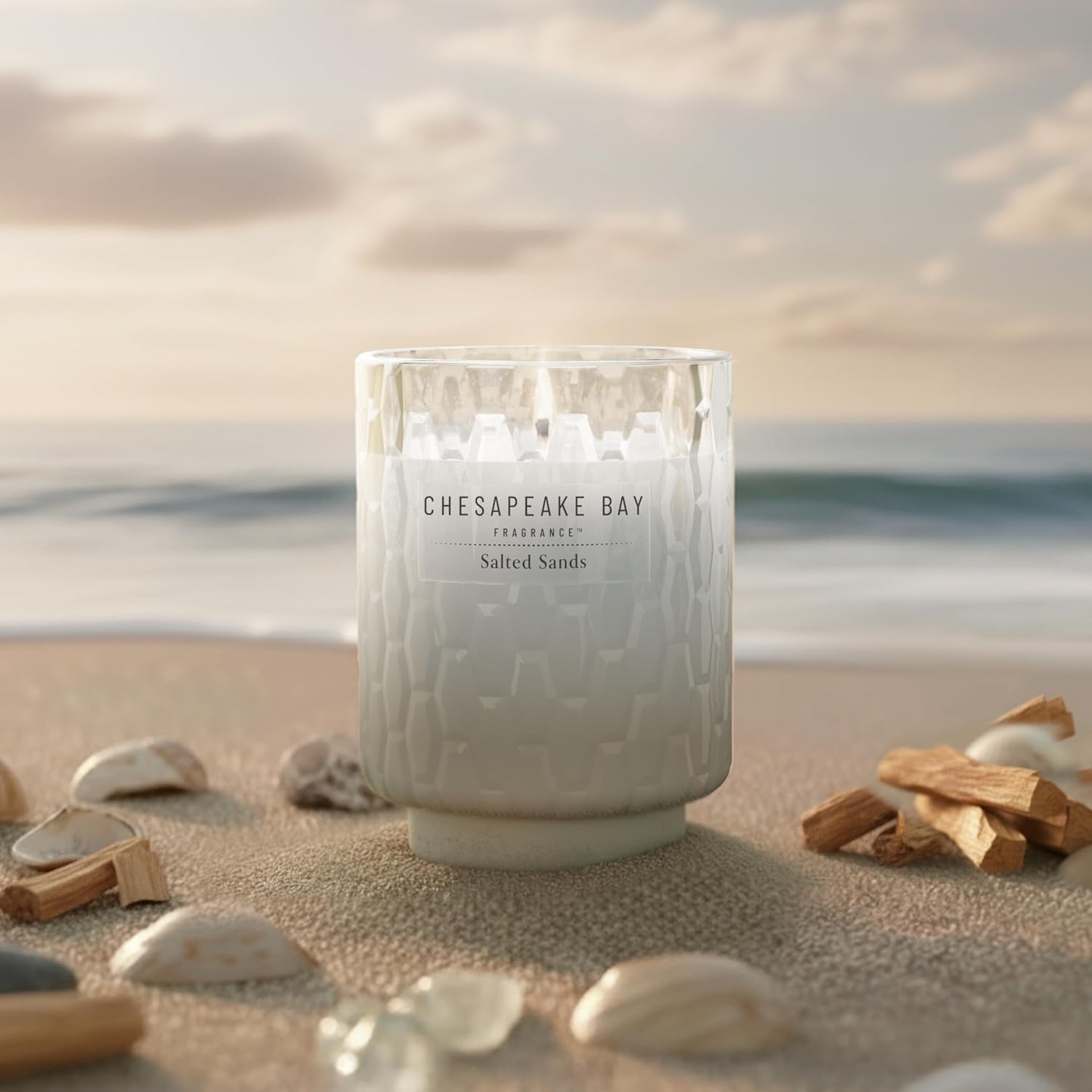 8oz Salted Sands Scented Candle Mood Evoking Fragrance Textured Sea Glass Inspired Jar Premium Soy Blend Wax with Essential Oils Coastal Fragrance for Home Décor or Gifting