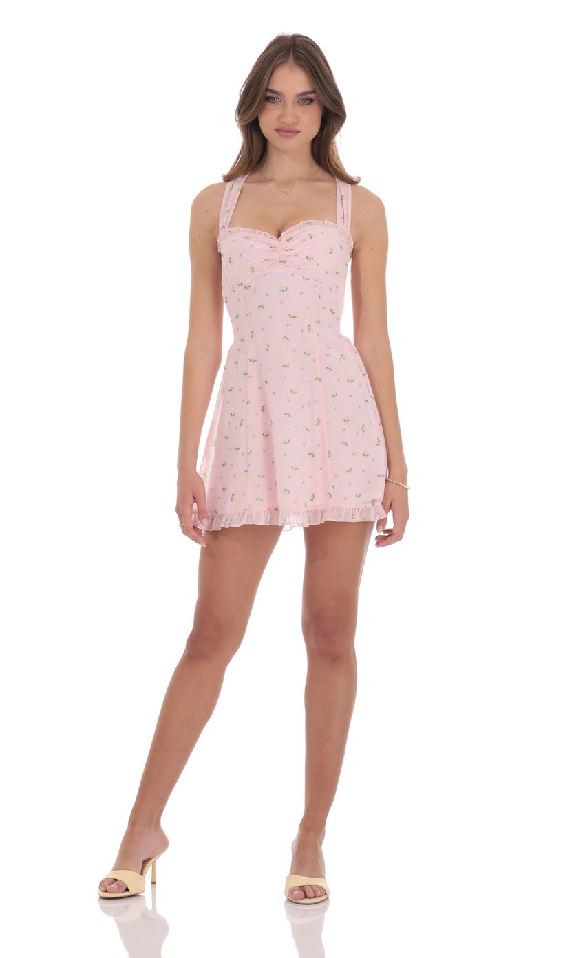 Floral Strappy Back Bows Dress in Pink