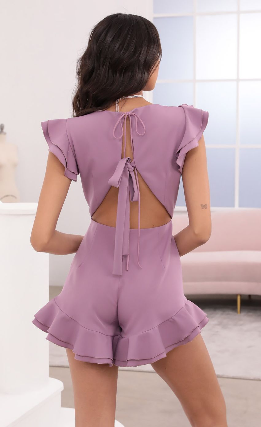 V Neck Ruffle Romper in Mauve