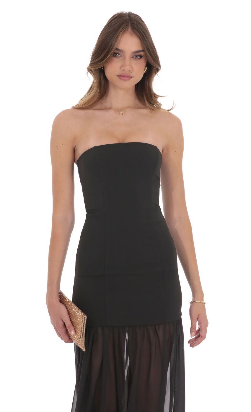 Strapless Chiffon Drop Skirt Maxi Dress in Black