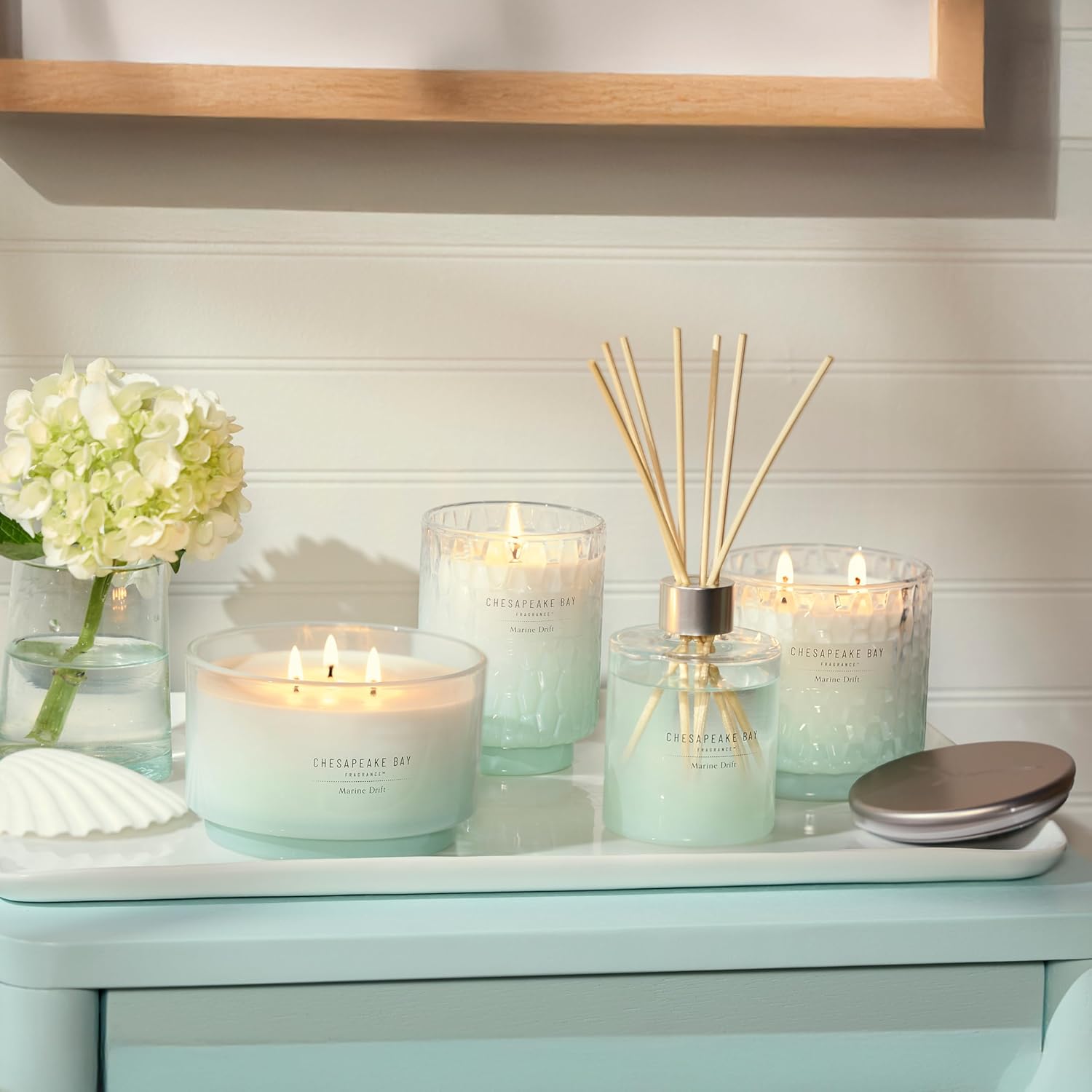 145oz Marine Drift Scented Candle Mood Evoking Fragrance Sea Glass Inspired Jar Premium Soy Blend Wax with Essential Oils Coastal Fragrance for Home Décor or Gifting