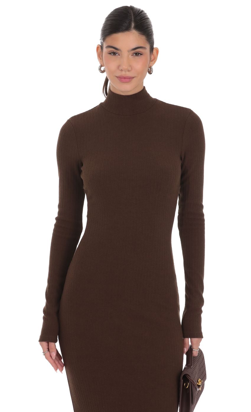 Ribbed Knit Mock Neck Maxi Dress in Brown