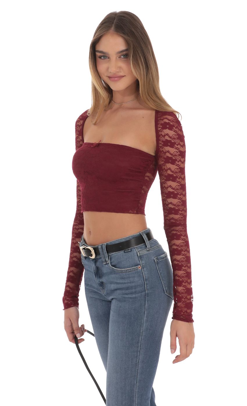 Lace Long Sleeve Top in Burgundy