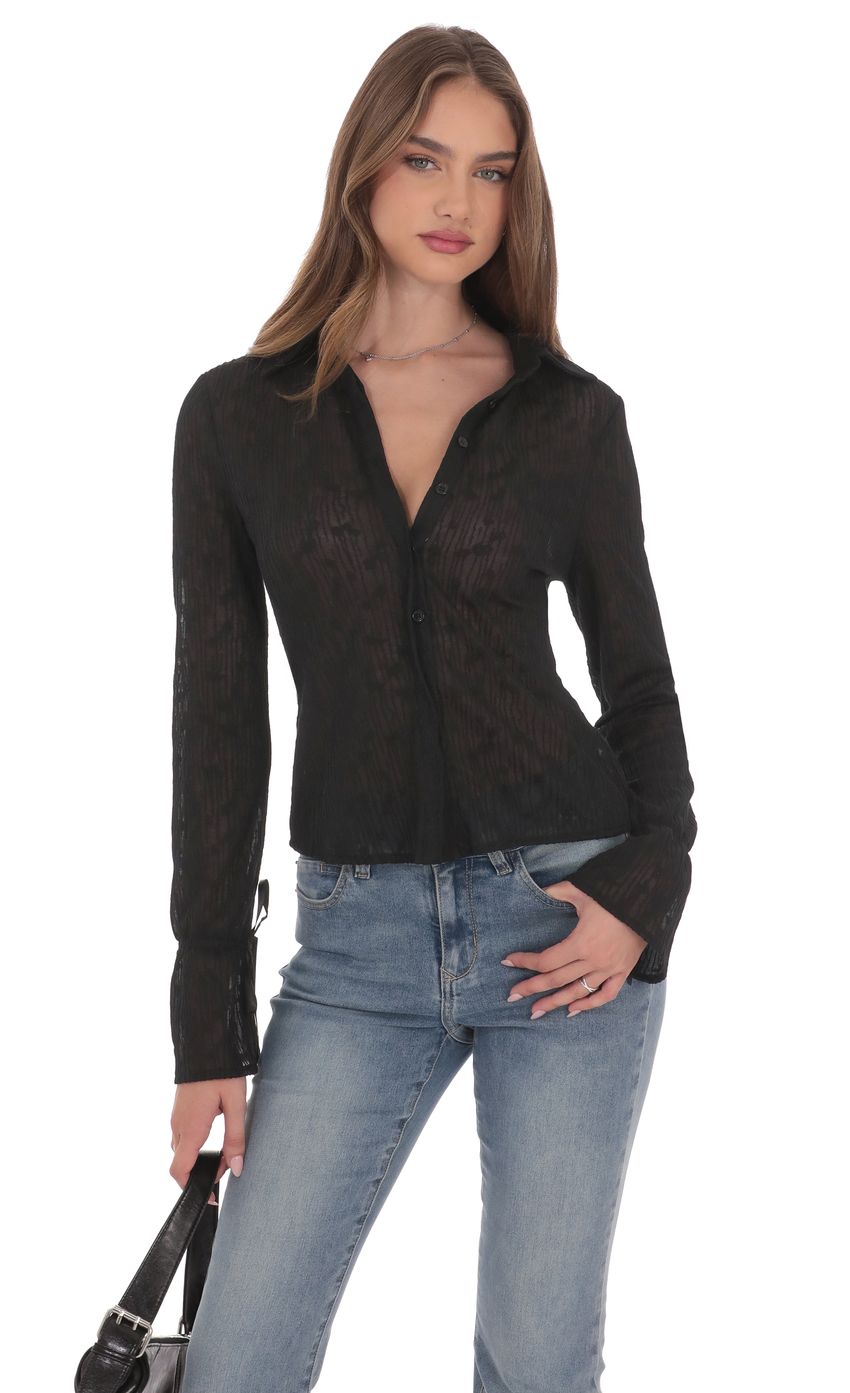 Sheer Mesh Button Up Top in Black