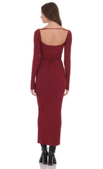 Cinch Tie Ribbed Maxi Dress in Burgundy