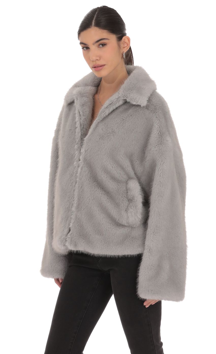 Zip Up Faux Fur Jacket in Grey
