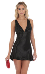Satin V Neck Open back Dress in Black