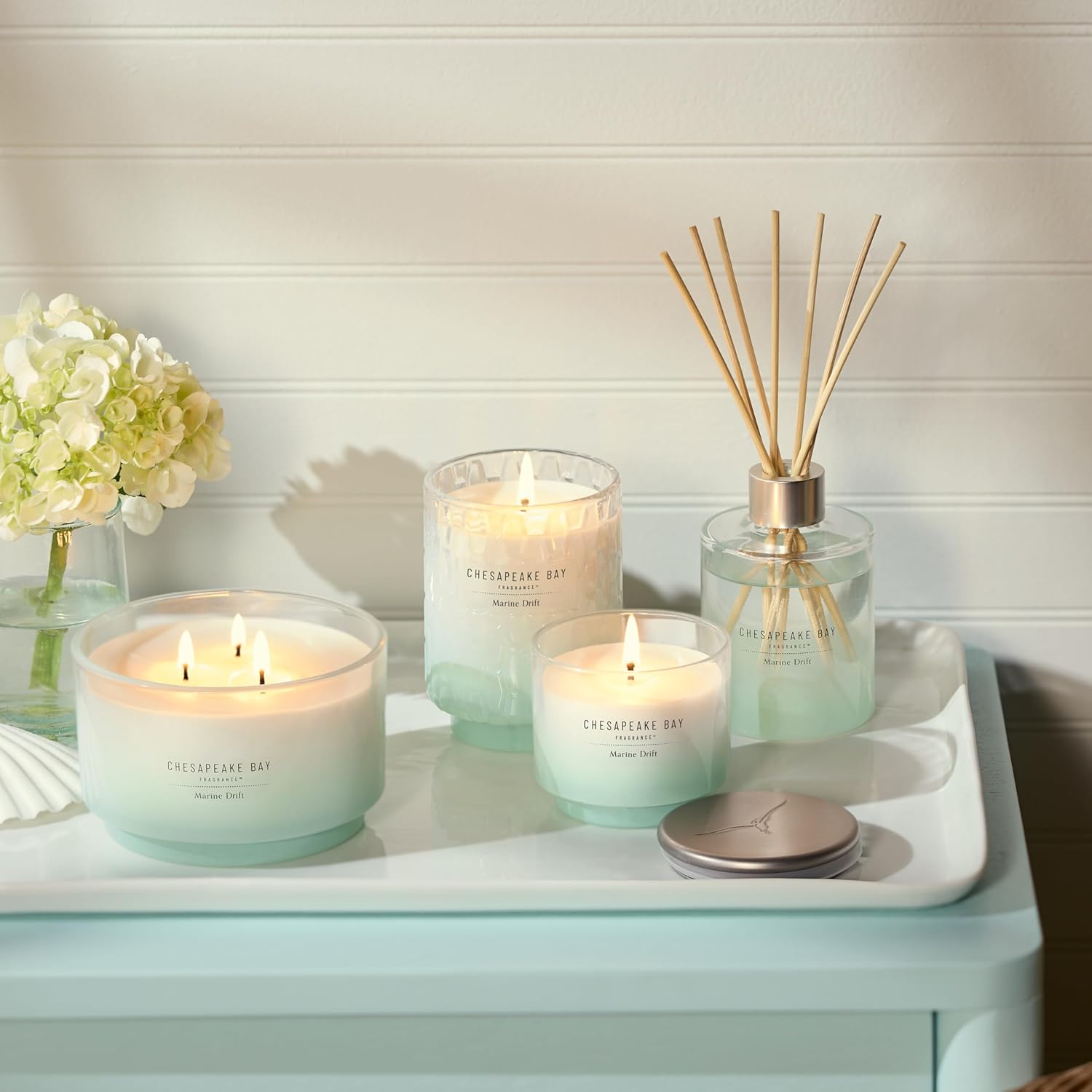 145oz Marine Drift Scented Candle Mood Evoking Fragrance Sea Glass Inspired Jar Premium Soy Blend Wax with Essential Oils Coastal Fragrance for Home Décor or Gifting