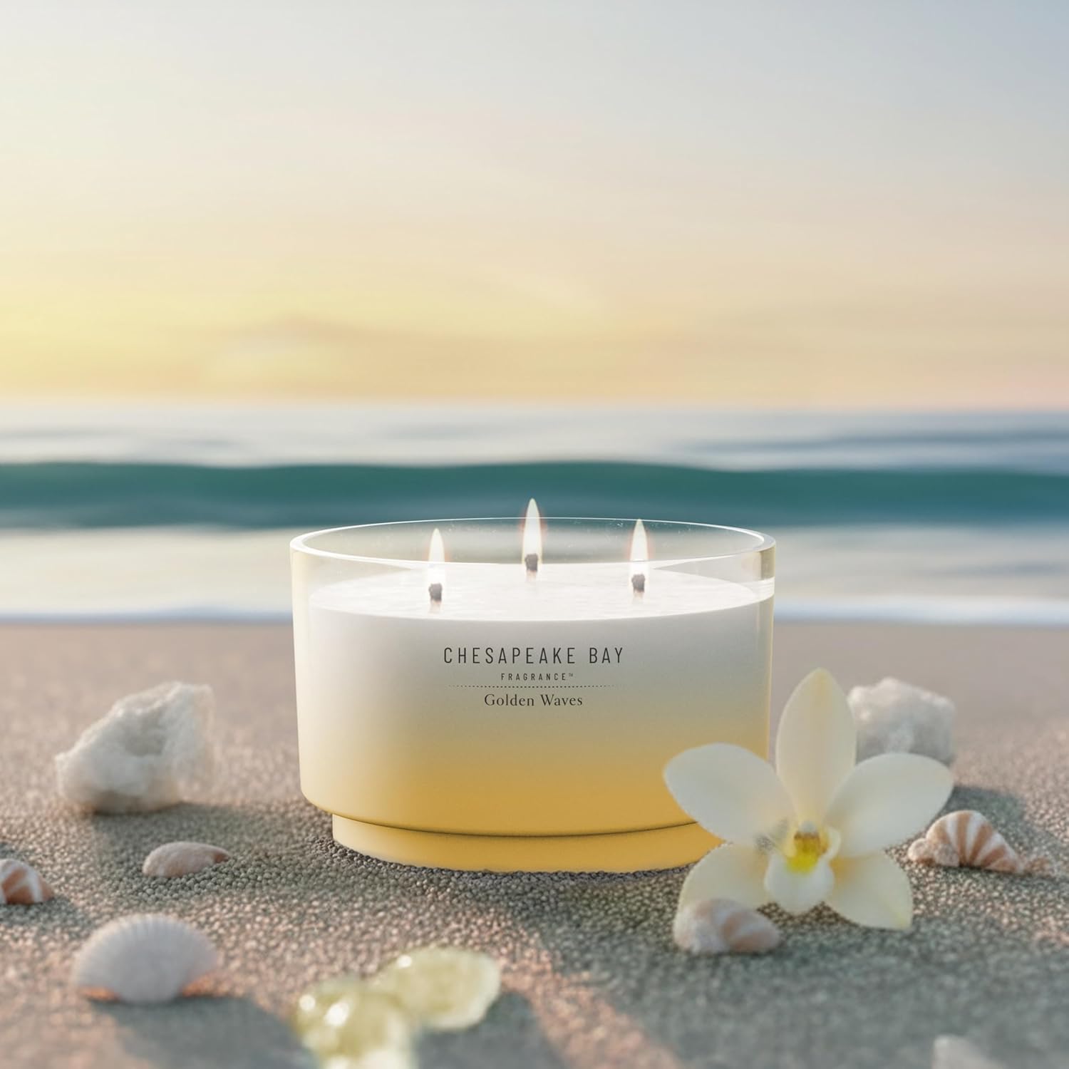 145oz Golden Waves Scented Candle Mood Evoking Fragrance Sea Glass Inspired Jar Premium Soy Blend Wax with Essential Oils Coastal Fragrance for Home Décor or Gifting