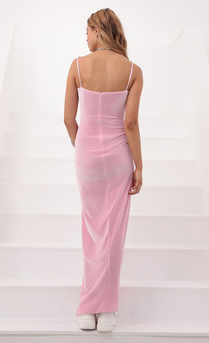 Velvet V Neck Maxi Dress In Barbie Pink