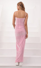 Velvet V Neck Maxi Dress In Barbie Pink