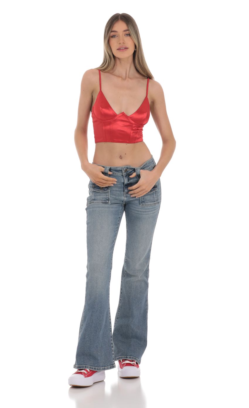 Satin V Neck Crop Top in Red