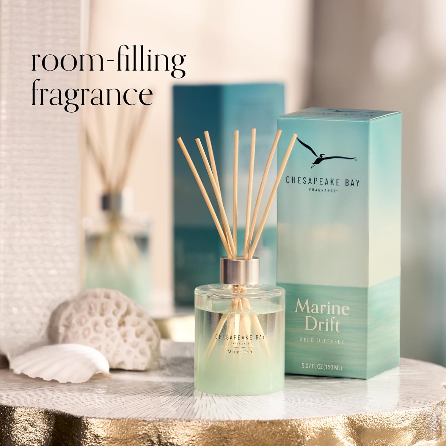 Mood Evoking Reed Diffuser Marine Drift Scent Sea Glass Inspired Jar Room Filling Fragrance Made with Essential Oils Coastal Fragrance for Home Décor or Gifting