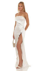 Strapless Satin Maxi Dress in White