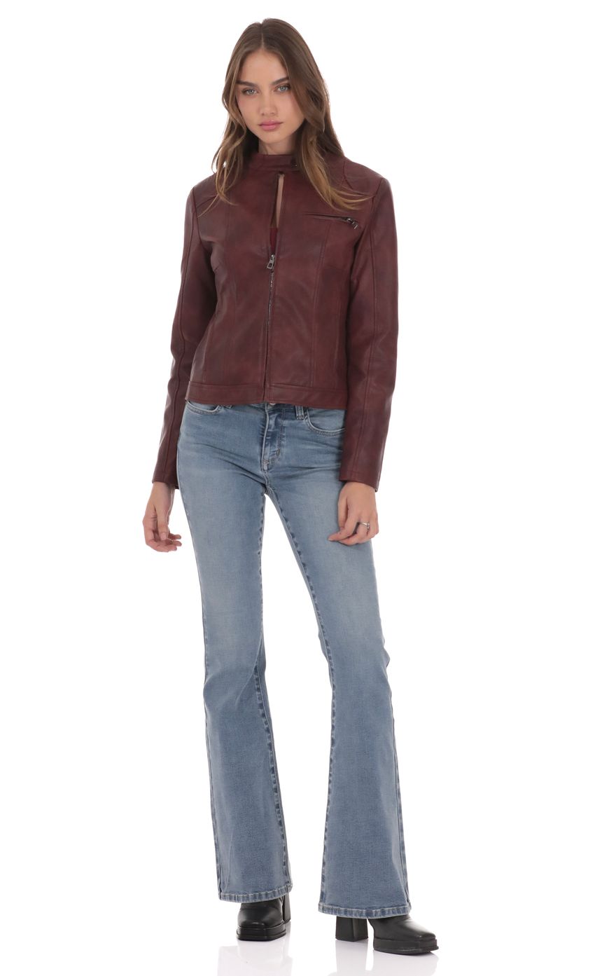Faux Leather Biker Jacket in Burgundy