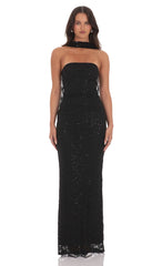 Sequin Scarf Lace Maxi Dress in Black