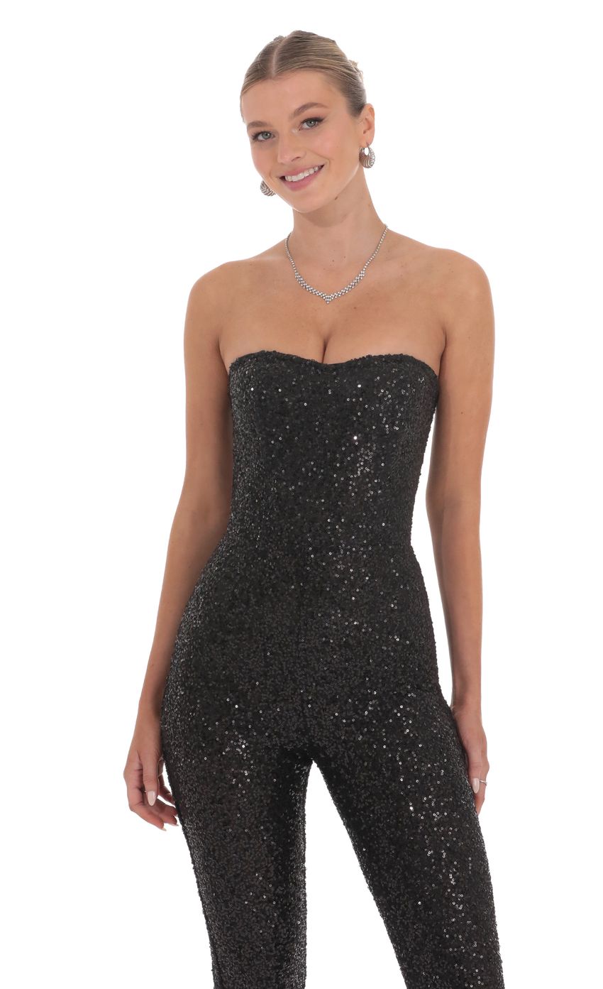 Sequin Strapless Corset Jumpsuit in Black