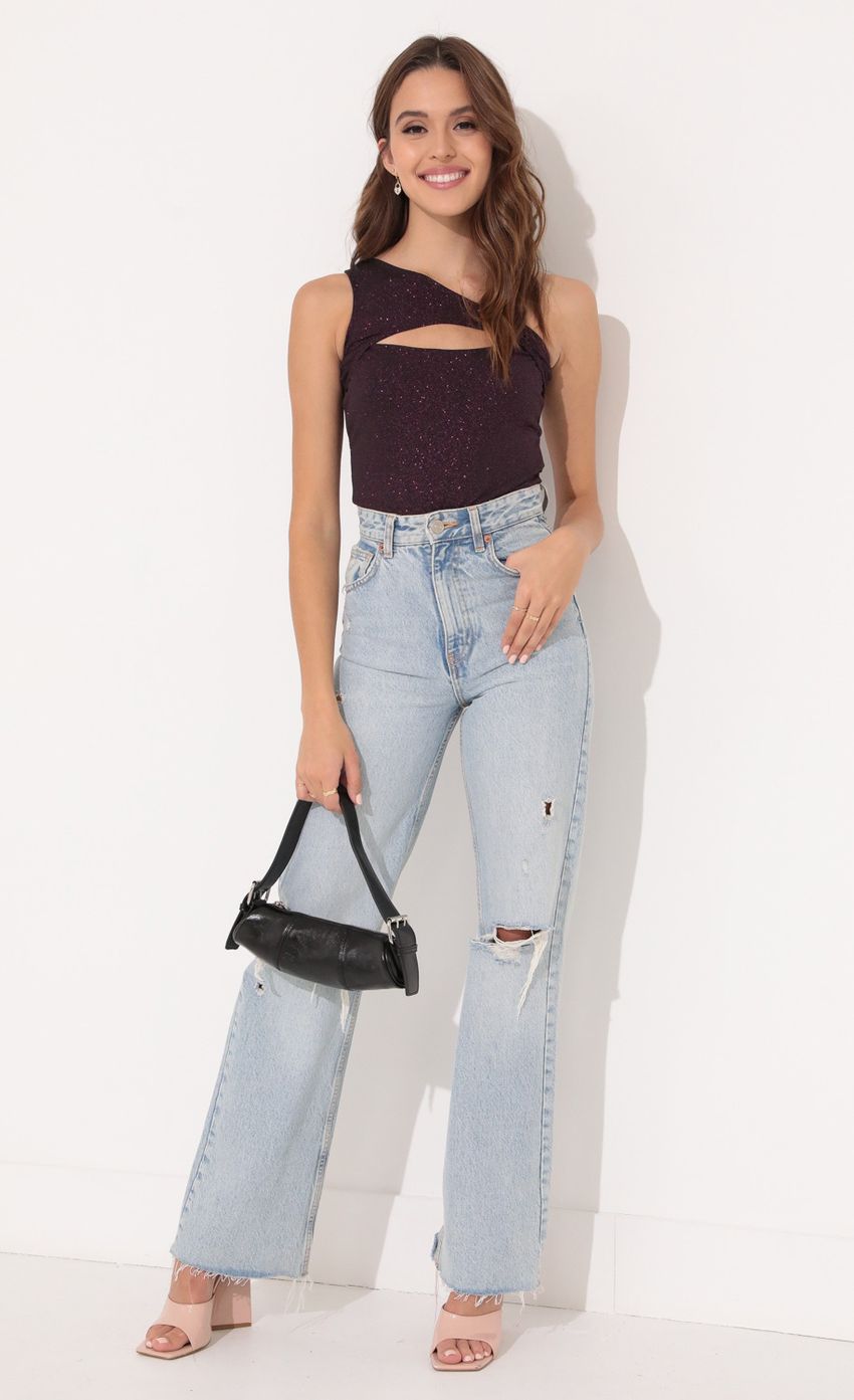 Asymmetrical Bodysuit in Black and Pink Shimmer
