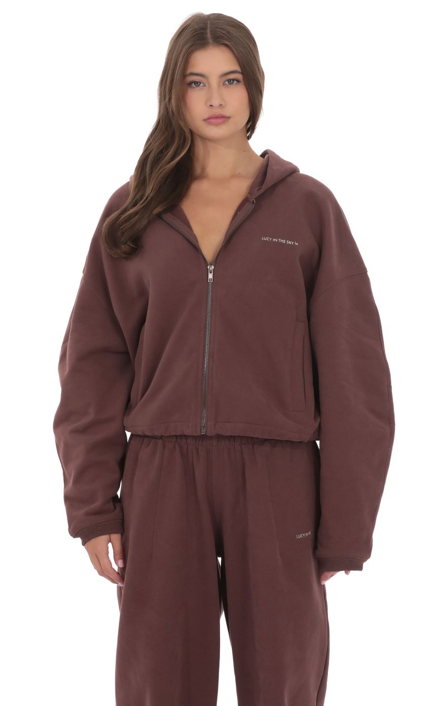 Cropped Fleece Zip Up Hoodie in Brown