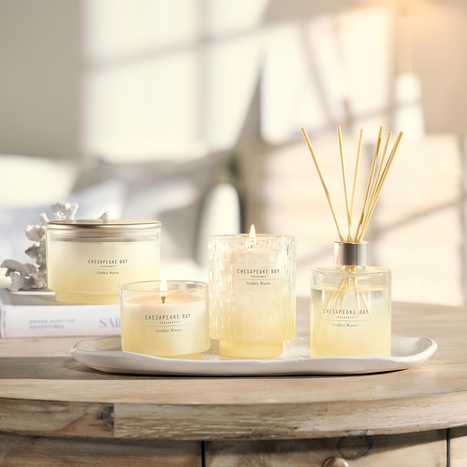 11oz Golden Waves Scented Candle Mood Evoking Fragrance Textured Sea Glass Inspired Jar Premium Soy Blend Wax with Essential Oils Coastal Fragrance for Home Décor or Gifting