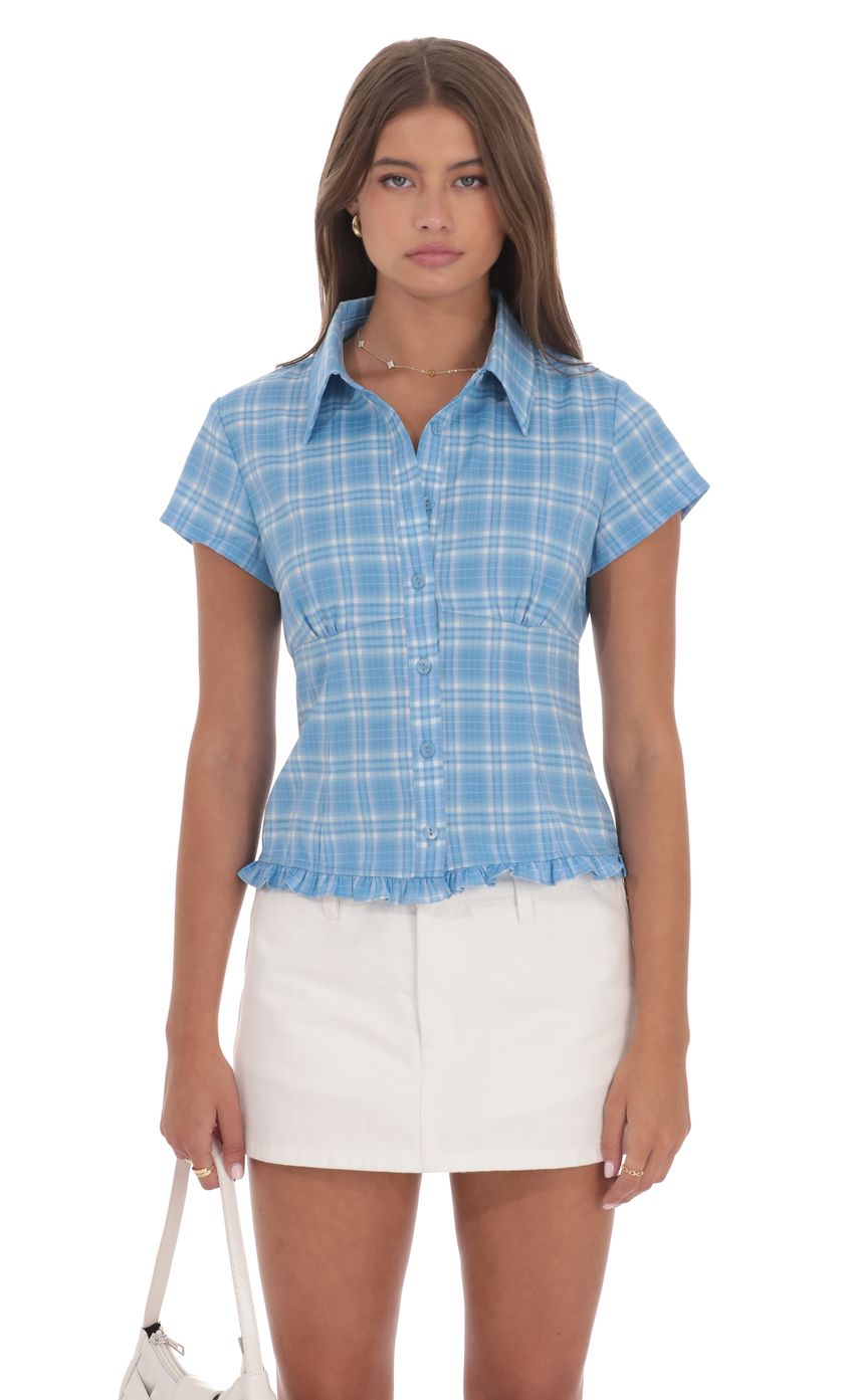 Plaid Button Up Ruffle Top in Blue