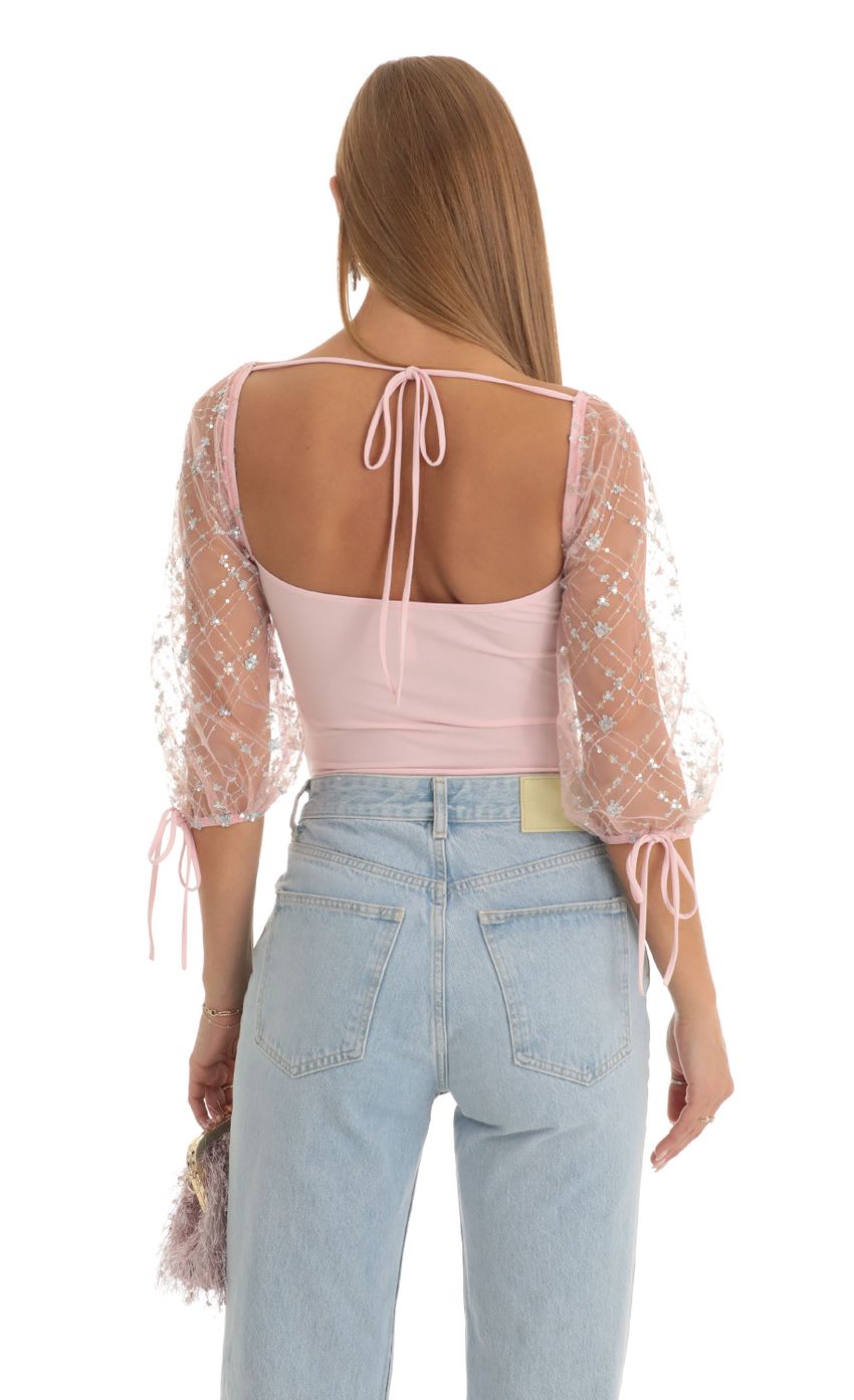 Sequin Puff Sleeve Bodysuit in Pink