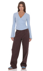 V Neck Overlap Top in Light Blue