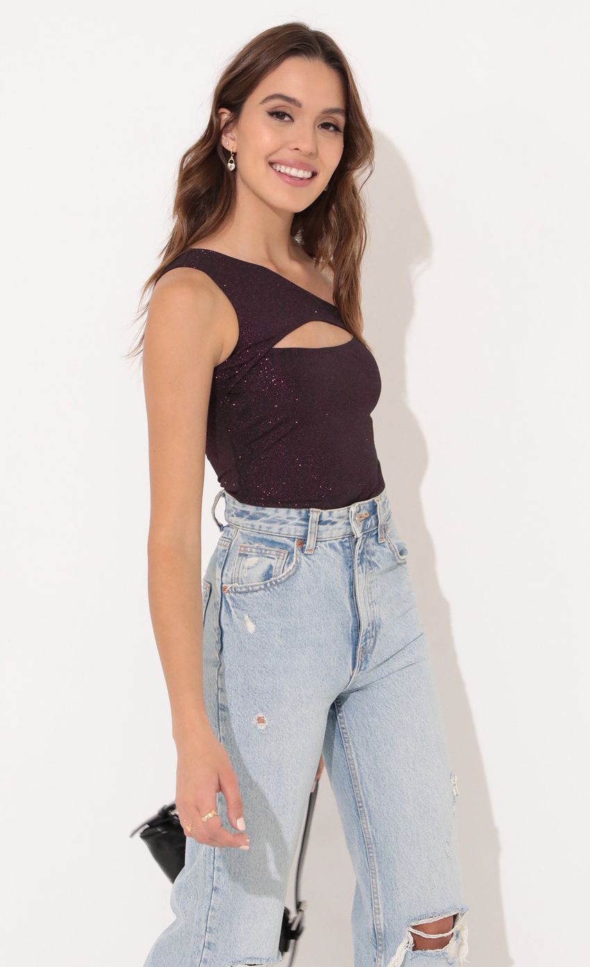 Asymmetrical Bodysuit in Black and Pink Shimmer