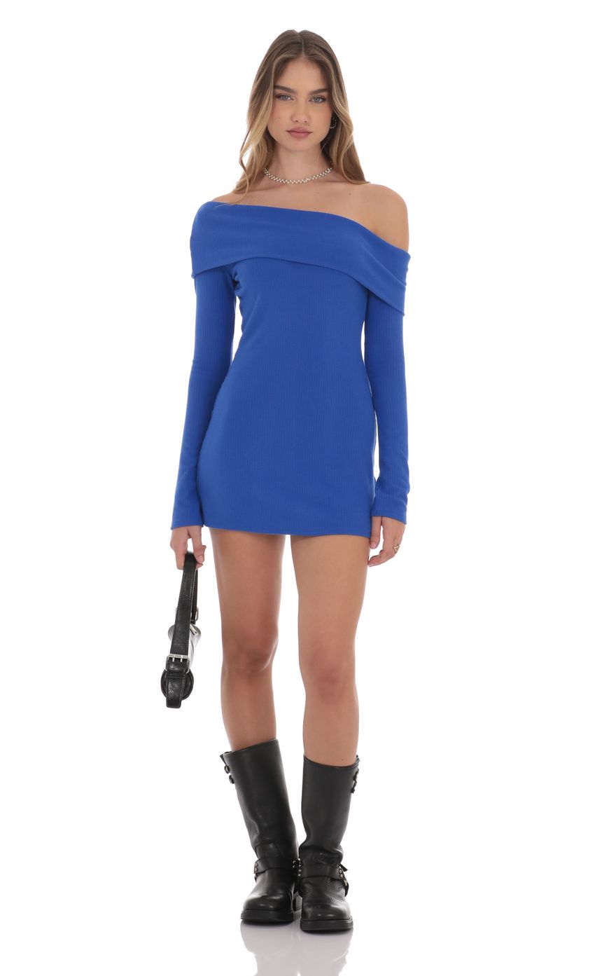 Ribbed Off Shoulder Dress in Blue