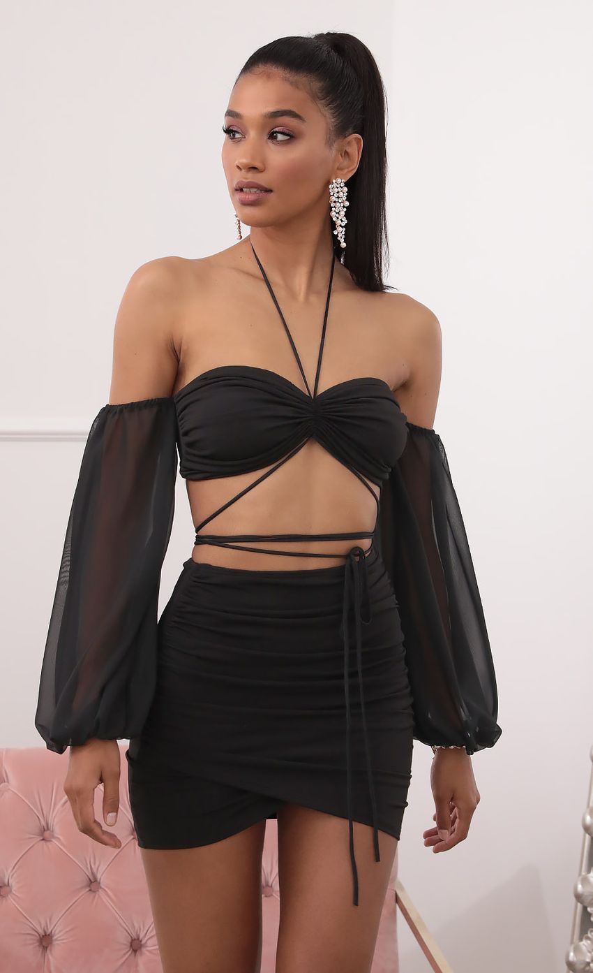 Off the Shoulder Two Piece Long Sleeve Set in Black