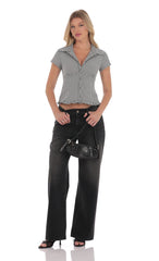 Button Up Ruffle Top in Black Gingham