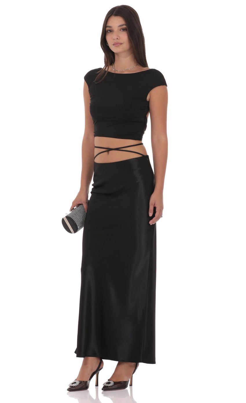 Satin Wrap Maxi Skirt in Black