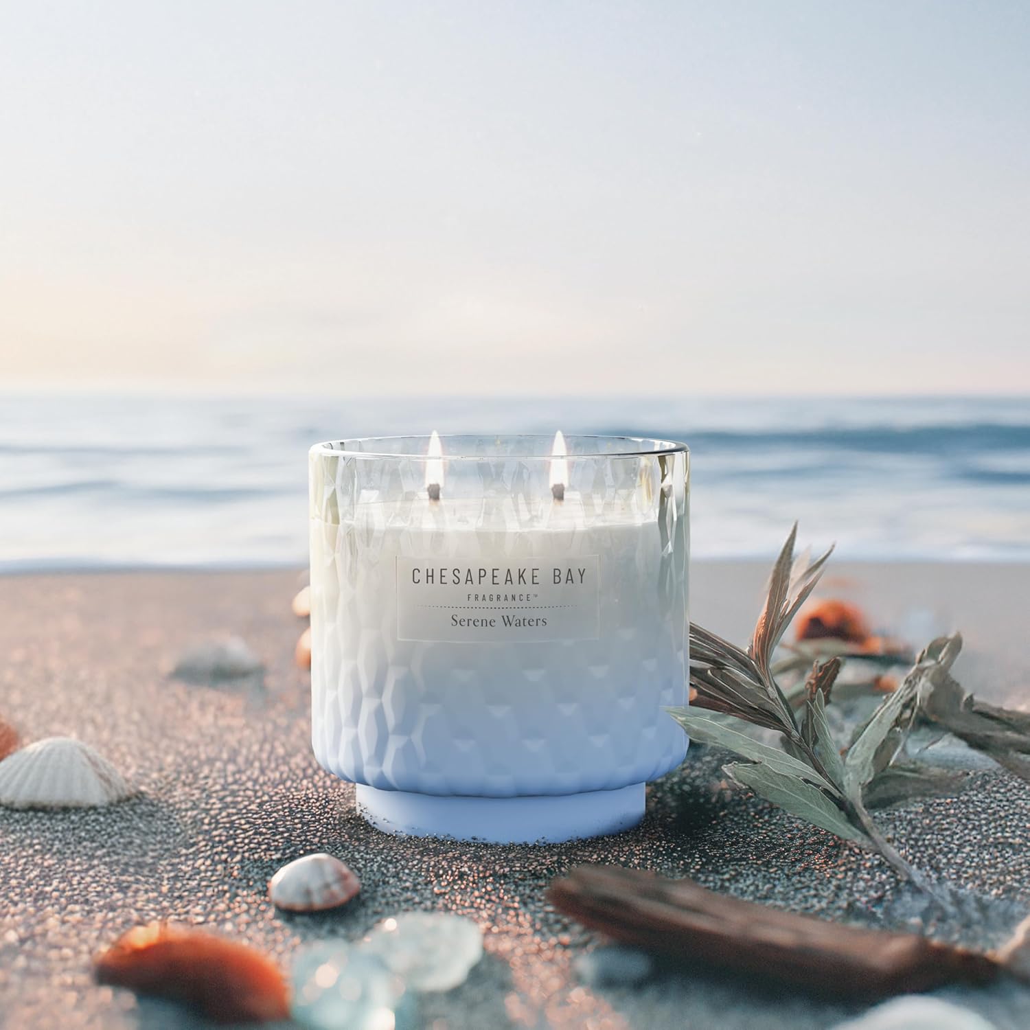11oz Serene Waters Scented Candle Mood Evoking Fragrance Textured Sea Glass Inspired Jar Premium Soy Blend Wax with Essential Oils Coastal Fragrance for Home Décor or Gifting