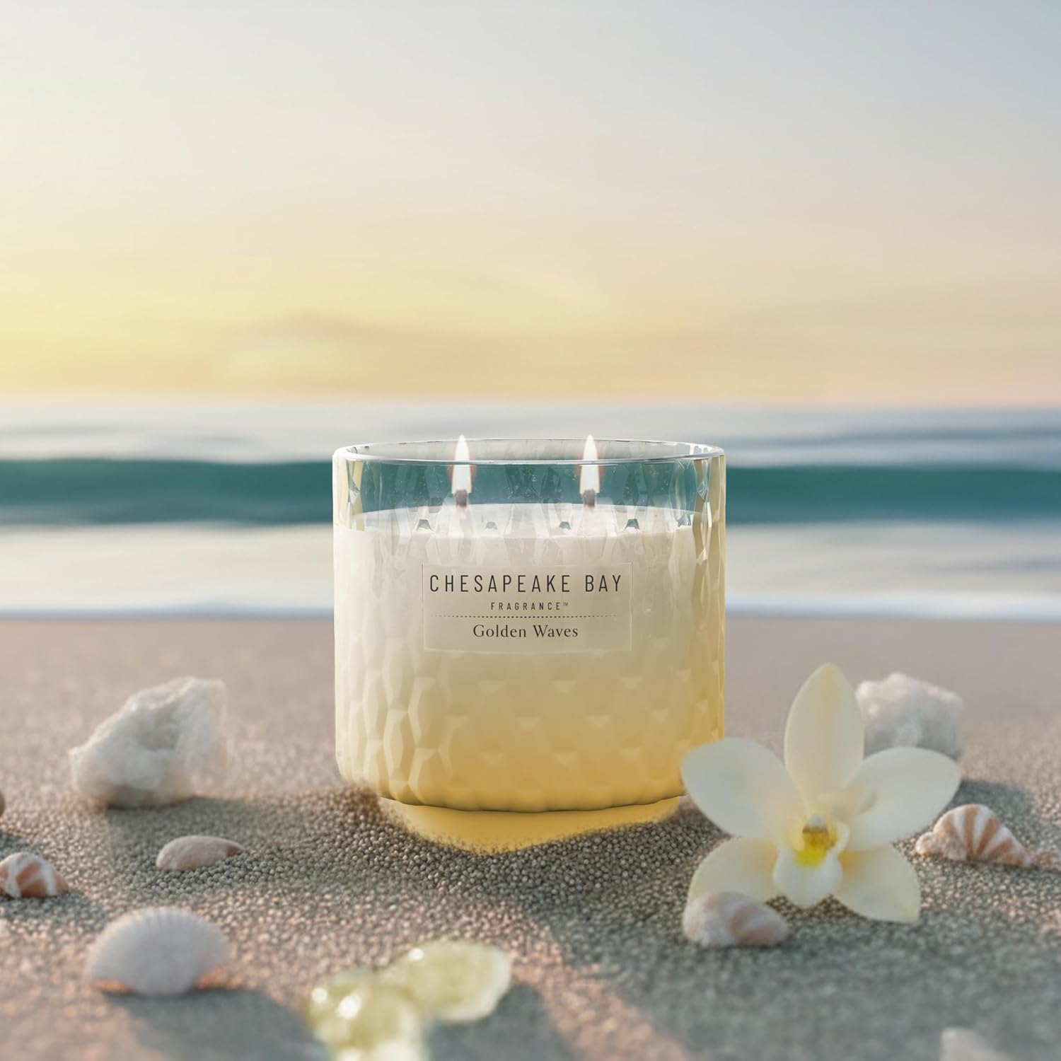 11oz Golden Waves Scented Candle Mood Evoking Fragrance Textured Sea Glass Inspired Jar Premium Soy Blend Wax with Essential Oils Coastal Fragrance for Home Décor or Gifting