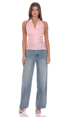 Satin Cowl Neck Top in Pink