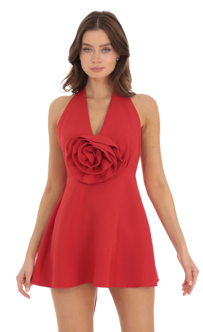 Flower V Neck Dress in Red