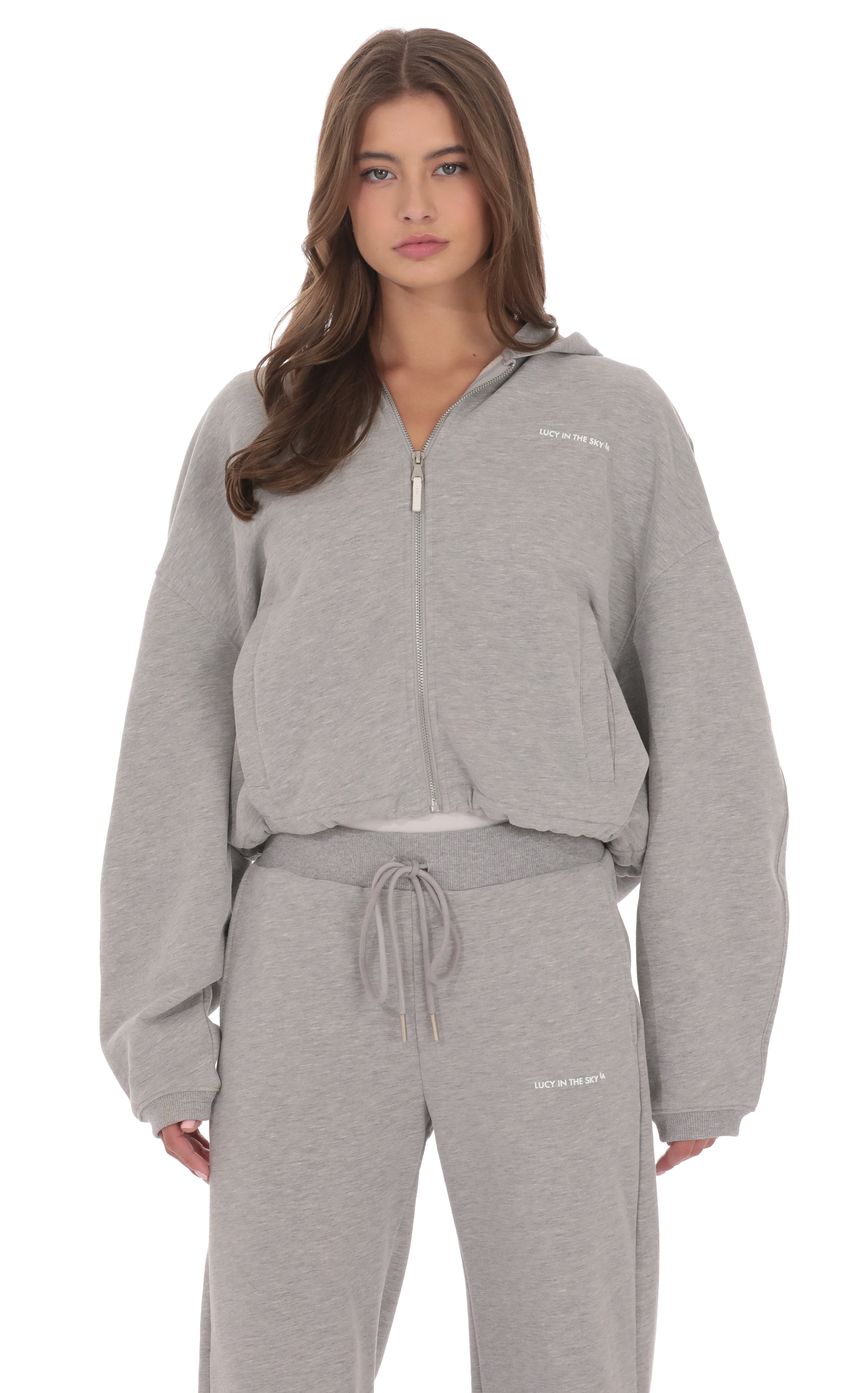 Cropped Fleece Zip Up Hoodie in Grey