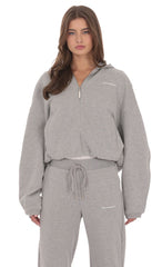Cropped Fleece Zip Up Hoodie in Grey