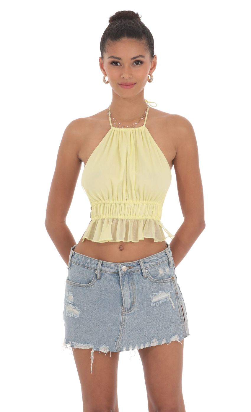 Shimmer Halter Open Back Top in Yellow