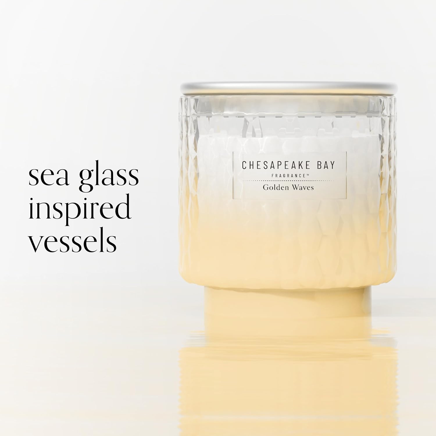 11oz Golden Waves Scented Candle Mood Evoking Fragrance Textured Sea Glass Inspired Jar Premium Soy Blend Wax with Essential Oils Coastal Fragrance for Home Décor or Gifting