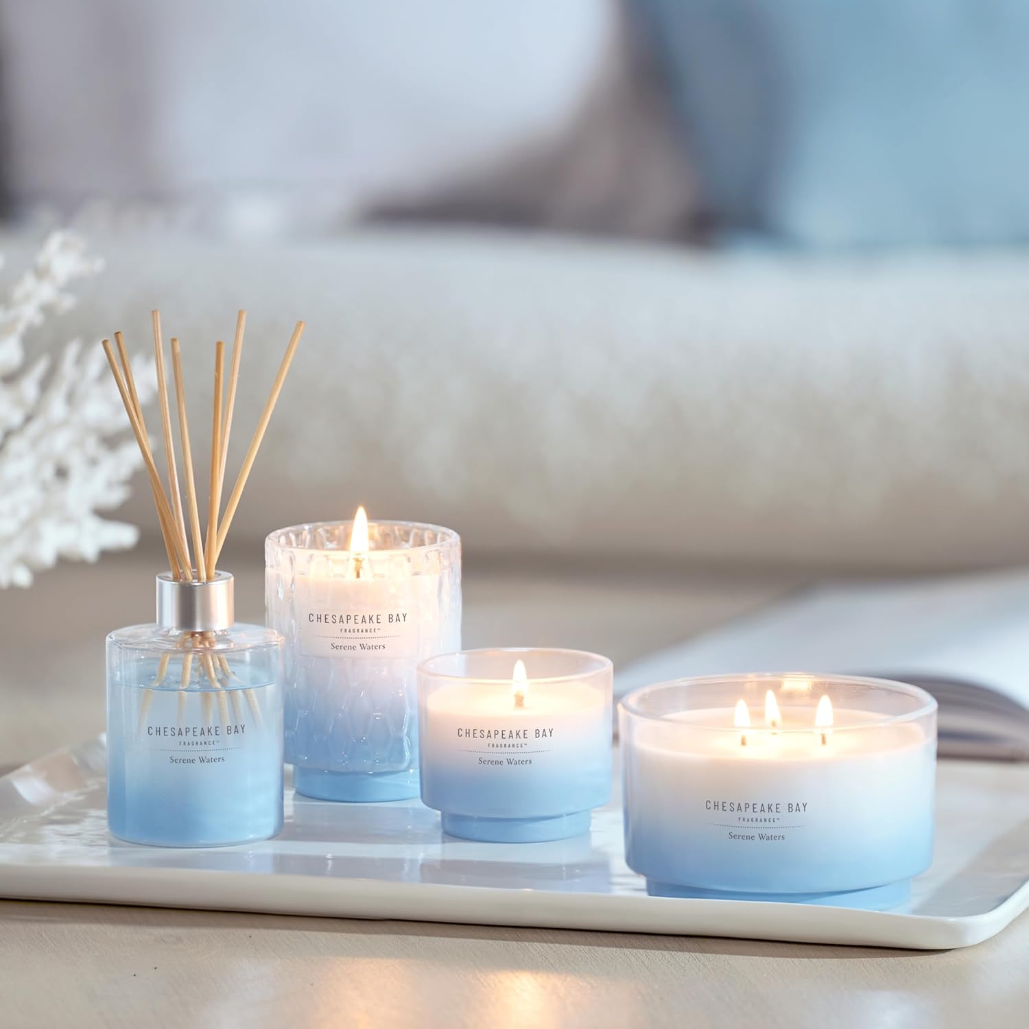 11oz Serene Waters Scented Candle Mood Evoking Fragrance Textured Sea Glass Inspired Jar Premium Soy Blend Wax with Essential Oils Coastal Fragrance for Home Décor or Gifting
