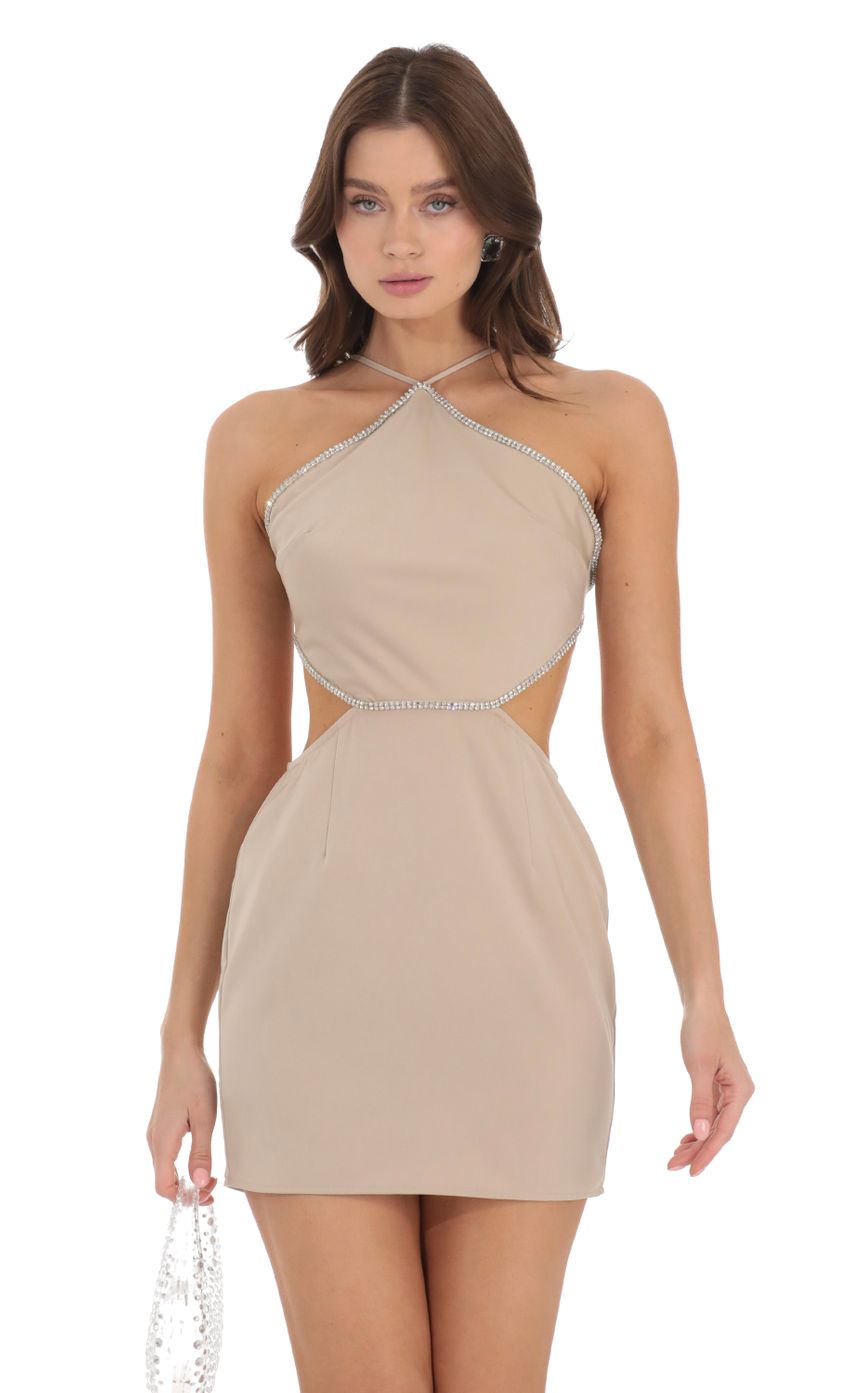 Rhinestone Halter Cutout Dress in Nude