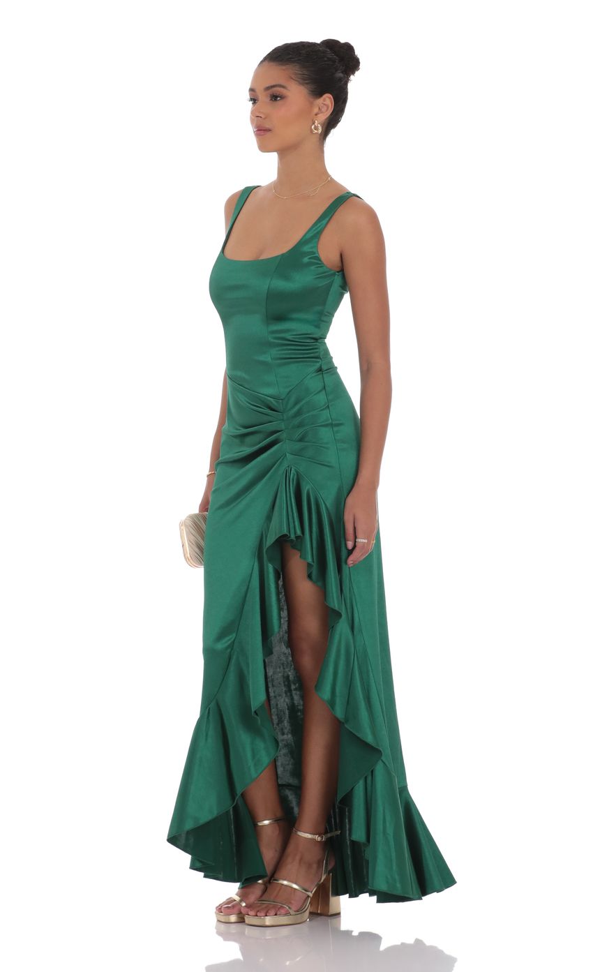 Satin Ruched Ruffle Slit Maxi Dress in Green