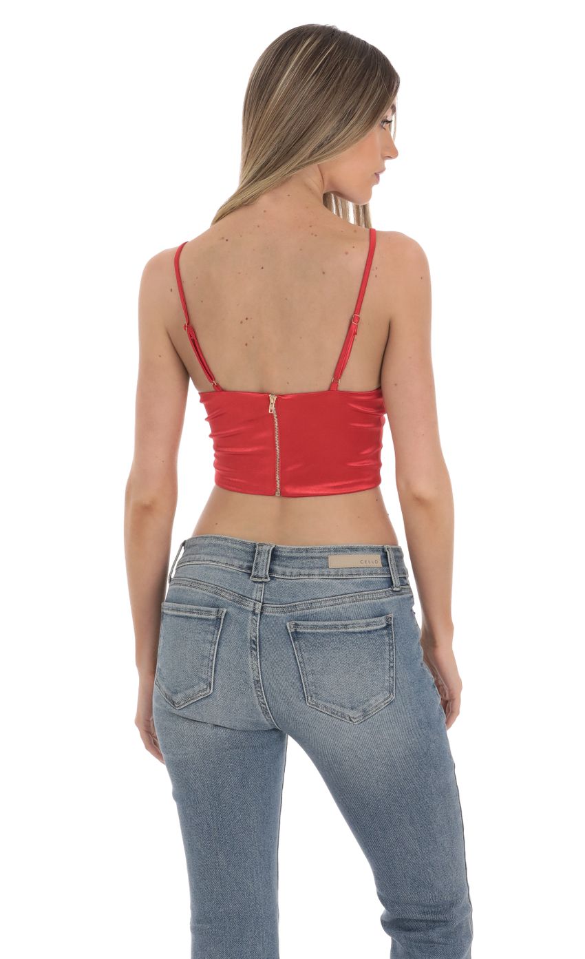 Satin V Neck Crop Top in Red
